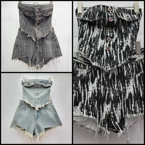 Women Sexy Button Up Strapless Denim Two Piece Short Set