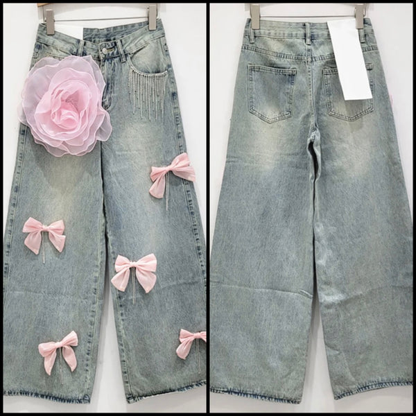 Women Fashion Pink Floral Bow Tassel Denim Pants