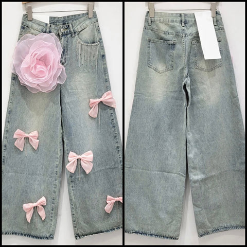 Women Fashion Pink Floral Bow Tassel Denim Pants