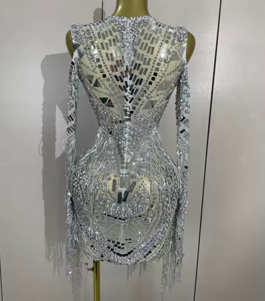 Women Sexy Crystal Mirror Mesh Full Sleeve Tassel Dress