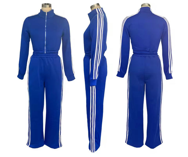 Women Striped Zip Up Fashion Two Piece Tracksuit Pant Set