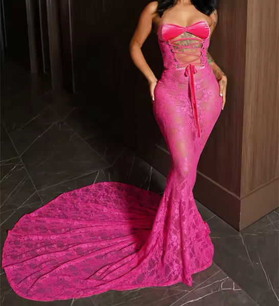 Women Sexy Strapless Cut Out Lace Maxi Dress