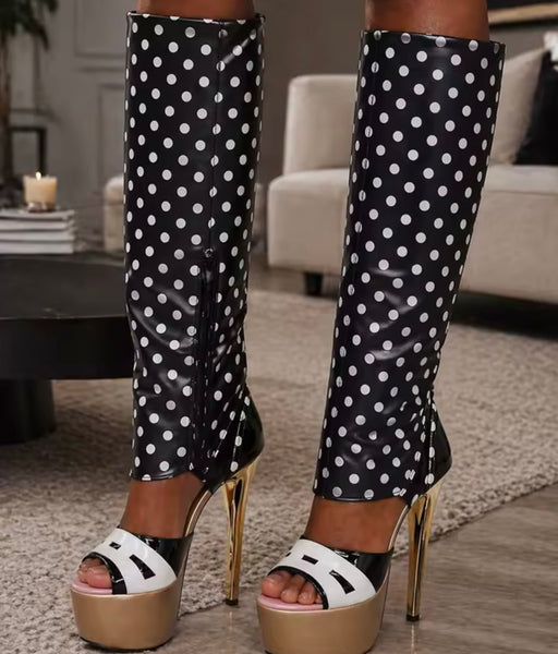 Women Fashion Open Toe B&W Polka Dot Platform High Heel Boots