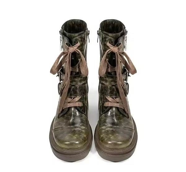 Women Color Buckled Lace Up Fashion Flat Boots