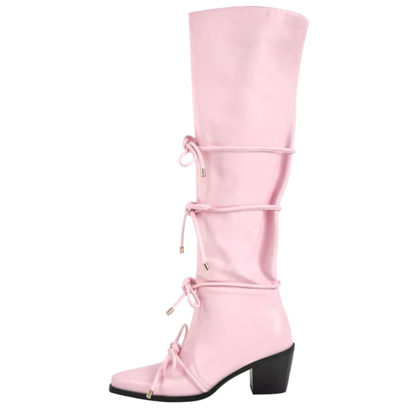 Women Fashion Faux Leather Pointed Toe Tie Up Knee High Boots
