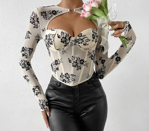 Women Sexy Full Sleeve Floral Mesh Cut Out Top