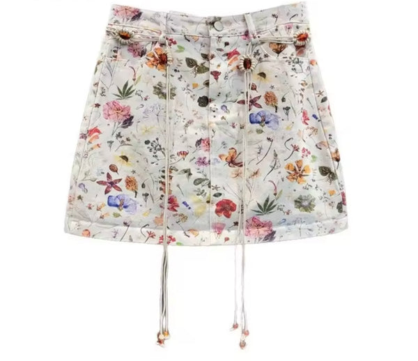 Women Sexy Fashion Floral Belted Denim Skirt