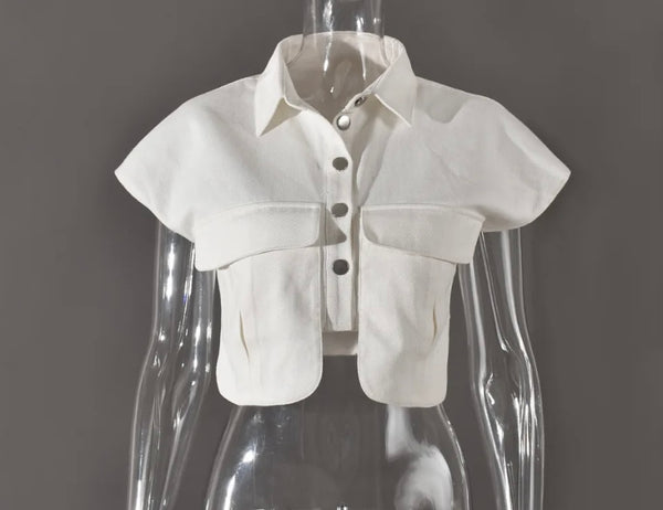 Women White Button Up Short Sleeve Fashion Crop Top