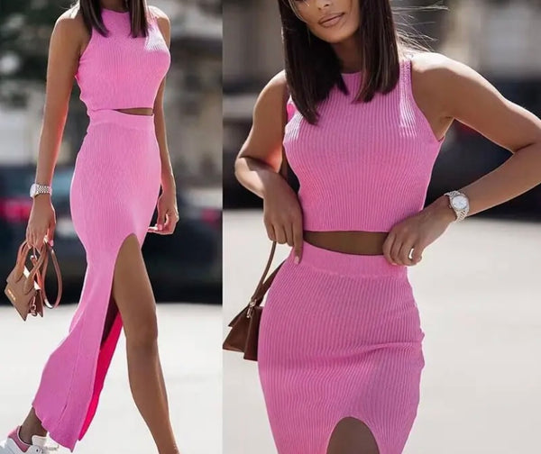 Women Sexy Sleeveless Ribbed Two Piece Maxi Skirt Set