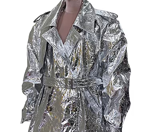 Women Silver Metallic Fashion Trench Jacket