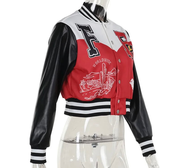 Women Fashion Color Patchwork Letter Print Varsity Jacket