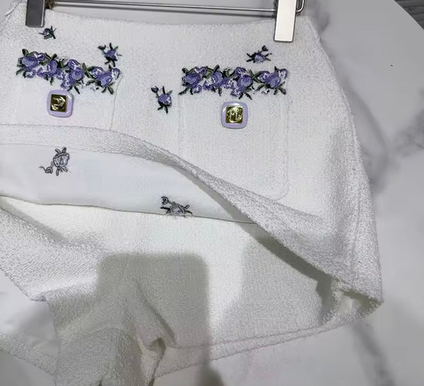 Women White Purple Printed Faux Fur Patchwork Two Piece Wrap Short Set