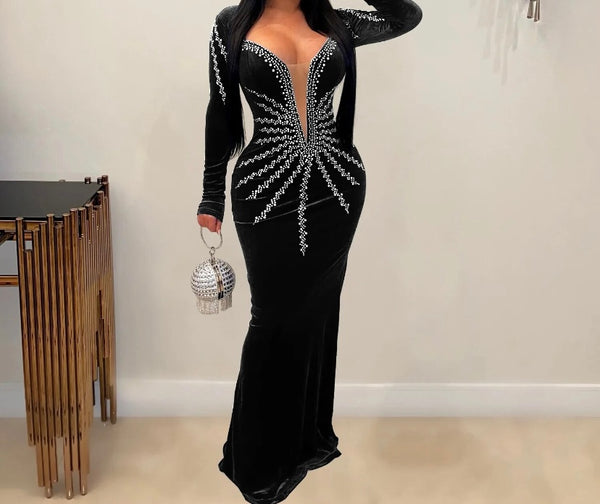 Women Full Sleeve Bling Mesh Patchwork Velour Maxi Dress