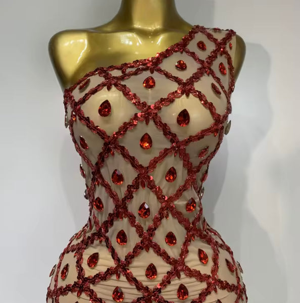Women Sexy One Shoulder Full Sleeve Crystal Mesh Maxi Dress