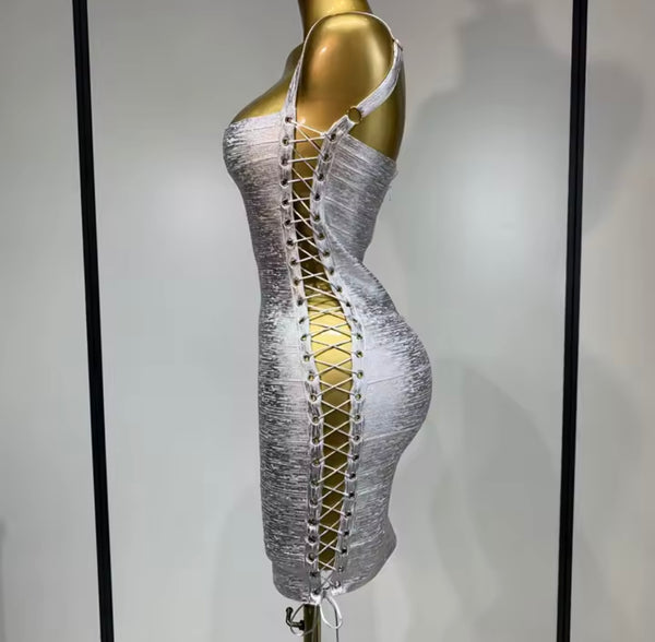 Women Sexy Sleeveless Lace Up Side Metallic Bandage Dress