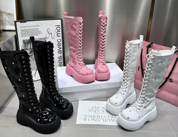 Women Fashion Platform Rhinestone Lace Up Ankle/Mid-Calf Boots