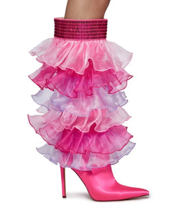 Women Pointed Toe Ruffled Mesh Sequins Knee High Boots