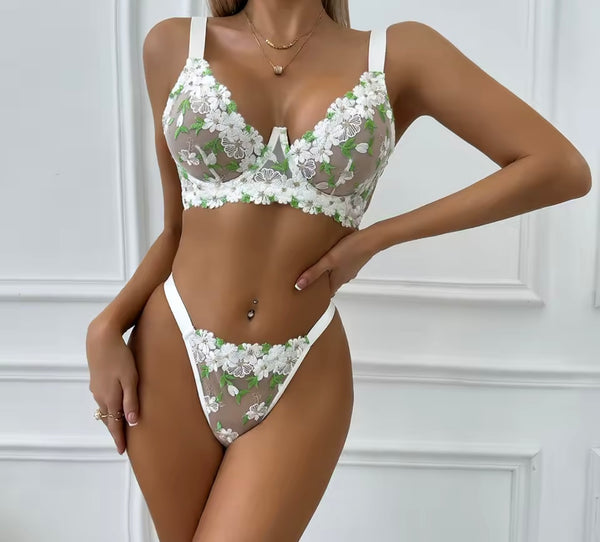 Women White Sexy Green Floral Mesh Lingerie Set
