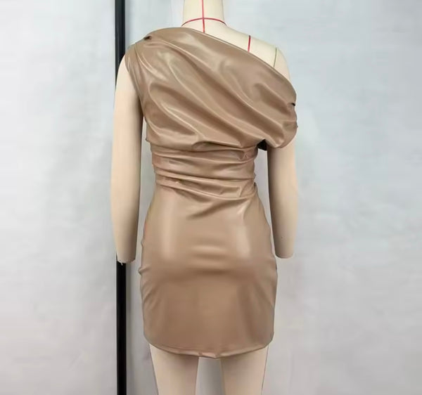 Women Sexy PU Ruched Short Sleeve Dress