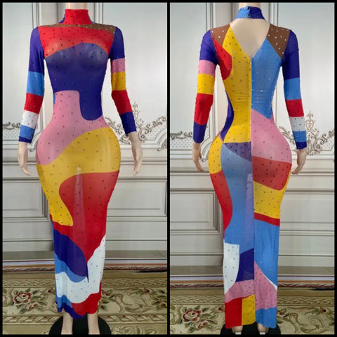 Women Sexy Color Patchwork Rhinestone Full Sleeve Mesh Maxi Dress