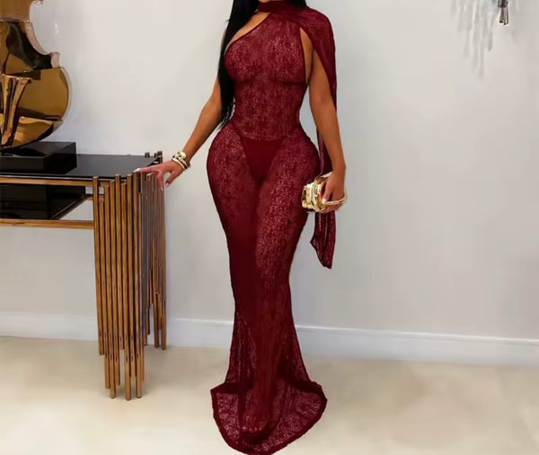 Women Sexy Lace Halter Open Back Sleeveless Maxi Dress