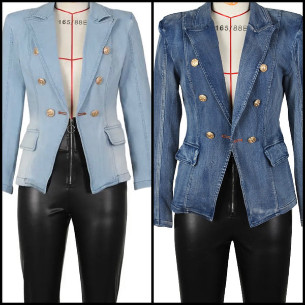 Women Fashion Gold Button Denim Blazer Jacket