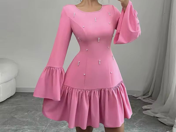 Women Pink Beaded Full Flare Sleeve Ruffled Sexy Dress