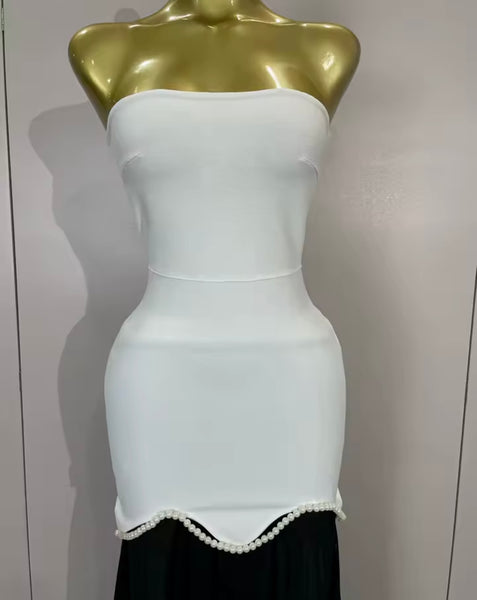 Women Sexy Strapless B&W Pearl Mesh Maxi Dress