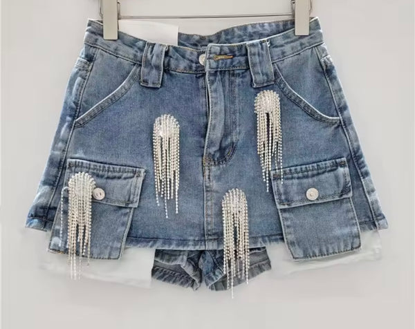 Women Fashion Rhinestone Tassel Denim Jacket Two Piece Skirt Set