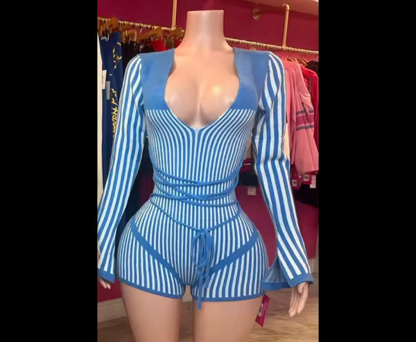 Women Sexy Striped V-Neck Full Sleeve Romper