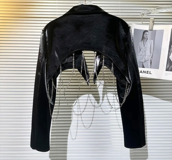 Women Black Fashion Chain Faux Leather Crop Jacket