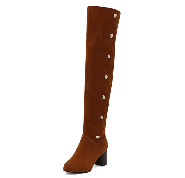 Women Color Suede Button Fashion Over The Knee Boots