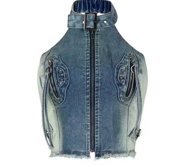 Women Halter Sleeveless Zip Up Denim Two Piece Short Set