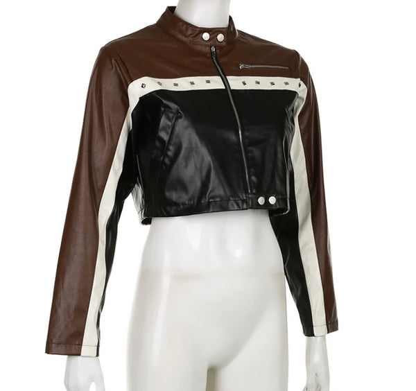 Women Fashion Color Patchwork Faux Leather Crop Jacket