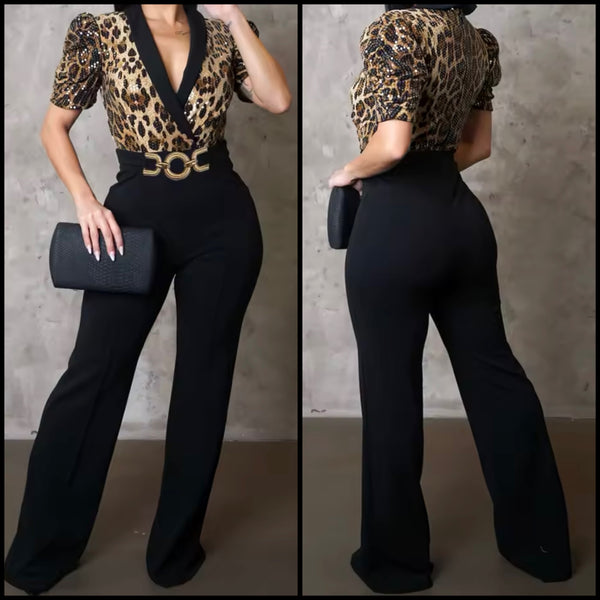 Women Sexy V-Neck Short Sleeve Leopard Patchwork Jumpsuit