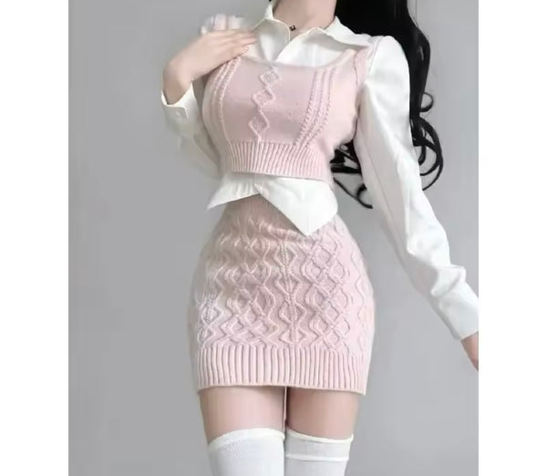 Women Fashion Full Sleeve Knitted Three Piece Skirt Set