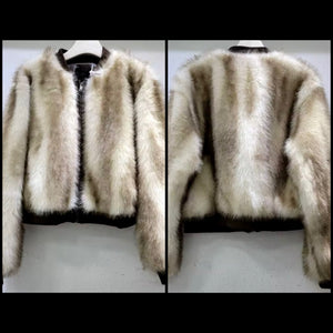 Women Fashion Mix Color Faux Fur Zip Up Jacket