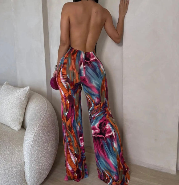Women Sexy Colorful Print Halter Sleeveless Sexy Jumpsuit
