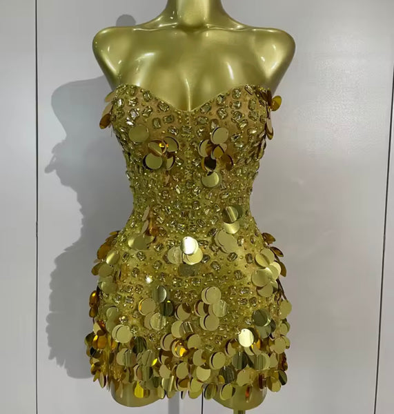 Women Sexy Strapless Sequins Rhinestone Mesh Dress