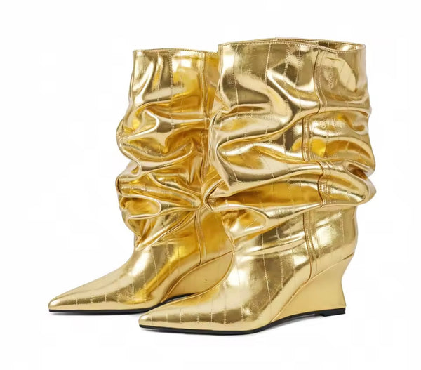 Women Pointed Toe Ruched Fashion Faux Leather Platform Ankle Boots