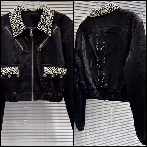 Women Black Pearl Metal Ring Fashion Faux Leather Jacket