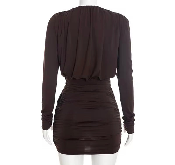 Women Sexy V-Neck Ruched Full Sleeve Dress