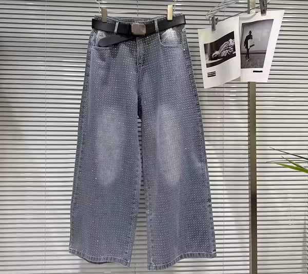 Women Fashion Blue Bling Denim Vest Two Piece Pant Set