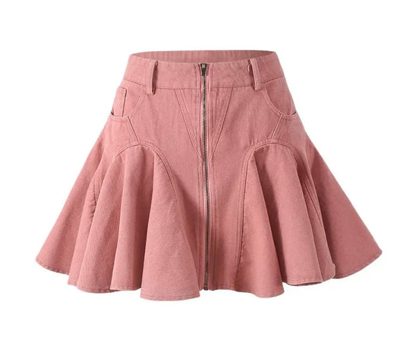Women Sexy Pink Pleated Denim Skirt