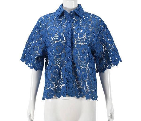 Women Sexy Fashion Blue Lace Short Sleeve Button Up Top