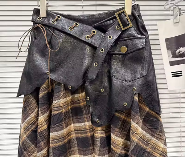 Women Faux Leather Plaid Belted Fashion Skirt
