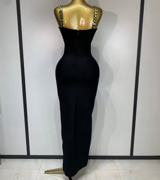 Women Black Sleeveless Sexy Gold Rivet Maxi Dress