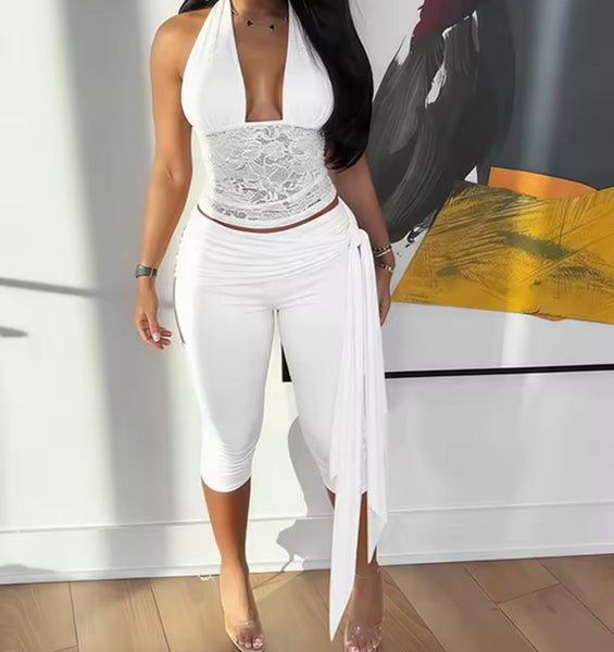 Women Sexy Halter Lace Patchwork Two Piece Capri Pant Set