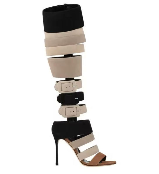 Women Fashion Suede Open Toe Buckled Knee High Sandals