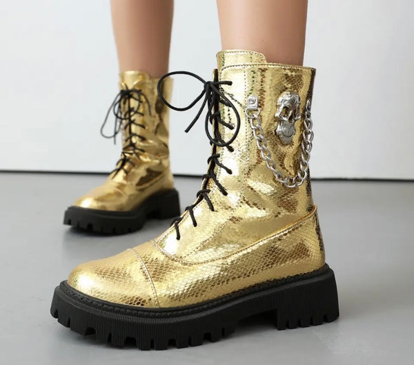 Women Fashion Metallic Skeleton Chain Lace Up Boots